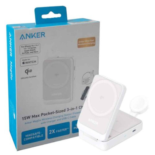 شارژر بی سیم مگ سیف انکر مدل ANKER B2557621 15W 3IN1 + کابل و کلگی سفید
